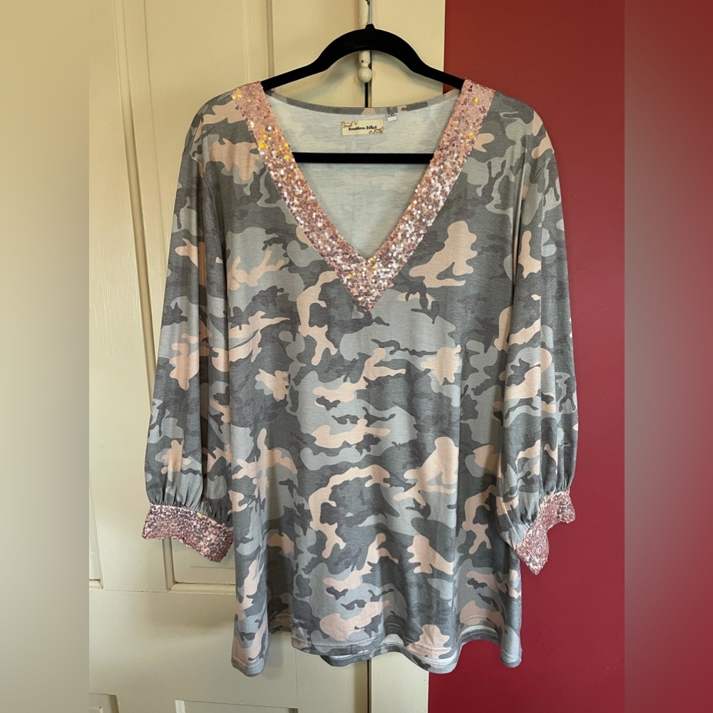 Southern Stitch Camo and sequined top